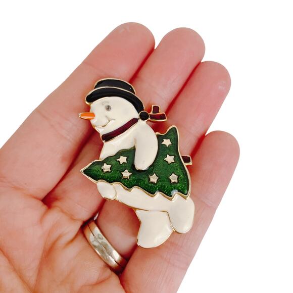 VTG Signed TC Christmas Snowman Enamel Gold Tone Brooch Pin Nostalgic Festive - Picture 2 of 9